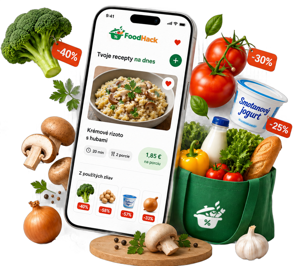 Ukážka appky: telefón s dnešným receptom a zľavnenými surovinami okolo neho
